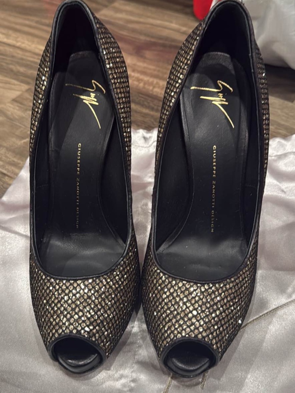 Giuseppe Zanotti Black and Gold Mesh Peep-Toe Pumps
